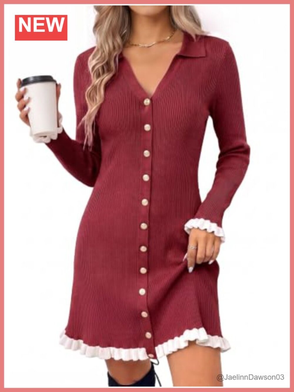 Wenrine Womens Ribbed Knit V-Neck Sweater Dress Long Sleeve Mini Button Ruffle